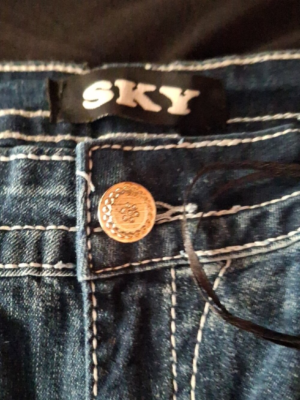 Sky Dark Blue Straight Leg Jeans with Embroidered Rhinestone Cross Pockets - Picture 2 of 3